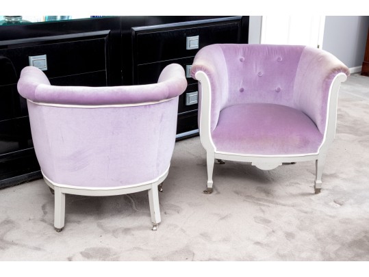 Fashionable Pair Of Custom Upholstered Barrel Back Armchairs
