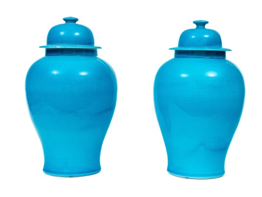 Quality Pair Of Cerulean Blue Glazed Baluster Jars