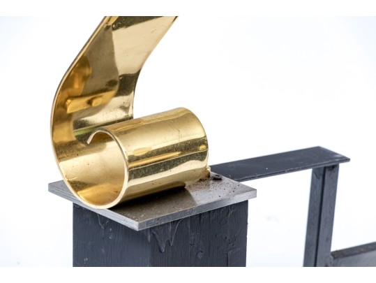 Pair Of Brass And Iron And Glass Scroll Form Andirons