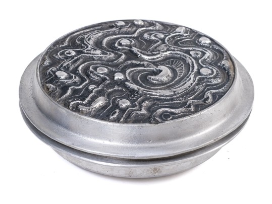 Don Drumm Pewter Or Aluminum Lidded Box And Serving Plate With Handle