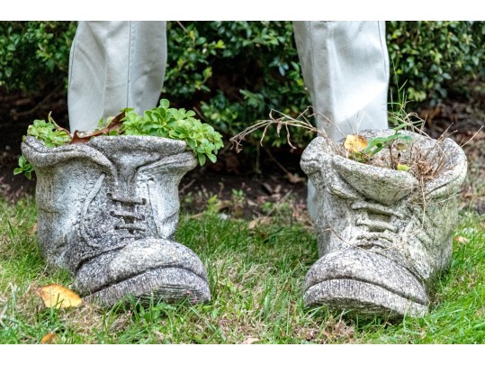 Whimsical Pair Of Cast Stone Boot Form Planters