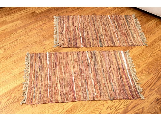 Pair Of Leather And Fabric Chindi Dhurrie Accent Carpets, 2'-11