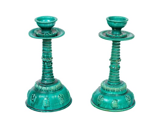 Pair Of Turquoise Glazed Moulded Ceramic Candlesticks
