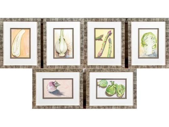 Set Of Six Burnell Signed Watercolor Paintings Of Vegetables, 2011