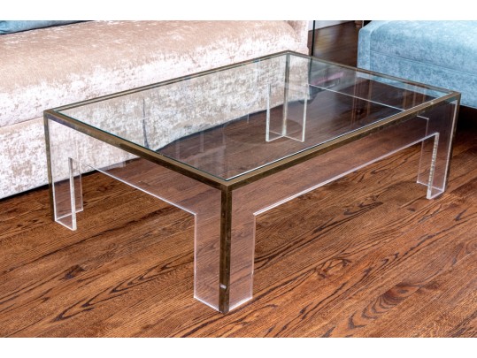 Luxurious Glass, Brass, And Lucite Cocktail Table