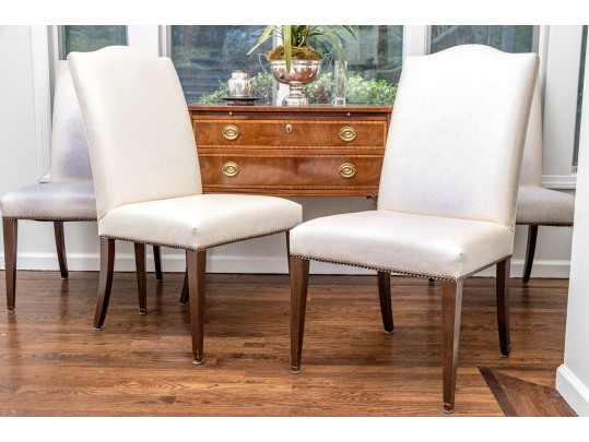 Set Of Four Faux Shagreen Upholstered Camel Back Dining Chairs