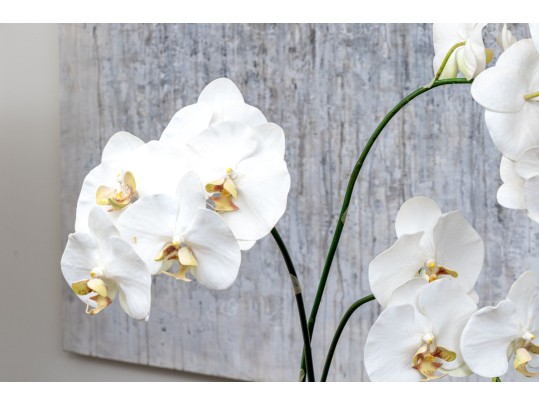 Set Of Two Lavish Faux Orchids In Decorative Ceramic Vases