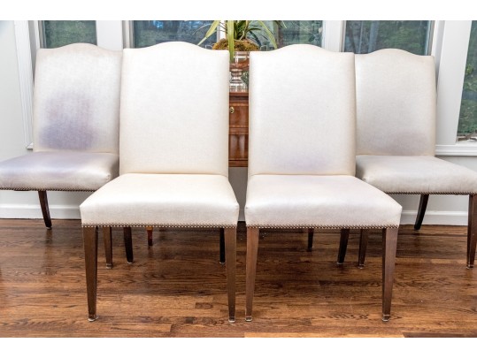 Set Of Four Faux Shagreen Upholstered Camel Back Dining Chairs