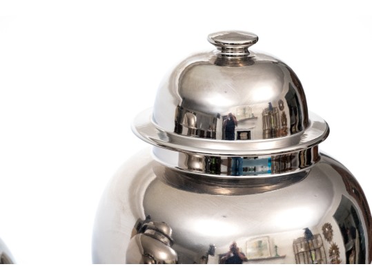 Pair Of Sleek Chrome Glazed Lidded Baluster Jars