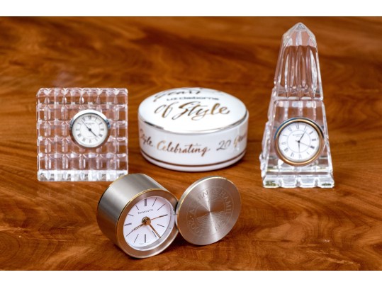 Collection Of Table Top Clocks And Box Including Tiffany & Co And Waterford