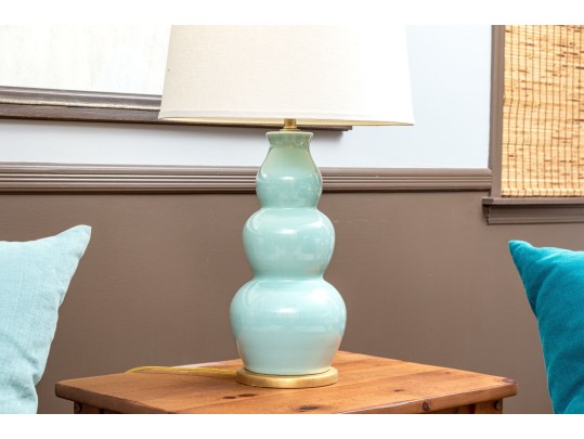 Pair Of Festoni Triple Gourd Celadon Ceramic Table Lamps