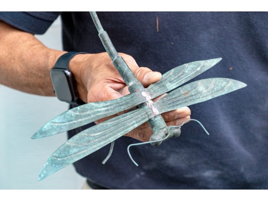 Cast Stone Reclining Frog And Copper Dragonfly