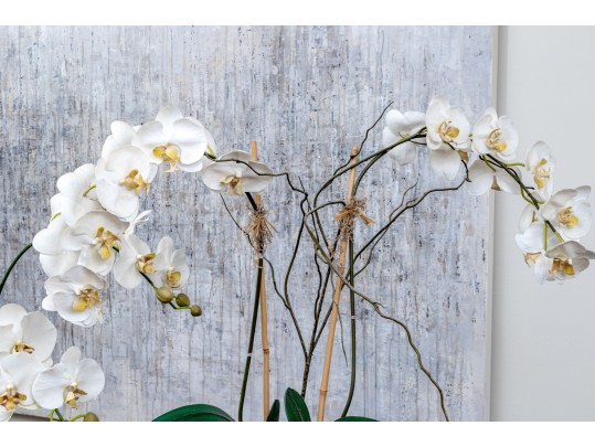 Set Of Two Lavish Faux Orchids In Decorative Ceramic Vases