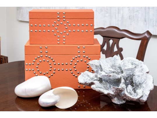 Chic Decor Lot Including Boxes, Shells, And Faux Coral