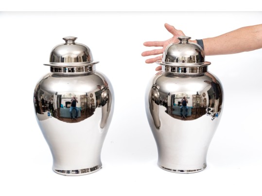 Pair Of Sleek Chrome Glazed Lidded Baluster Jars