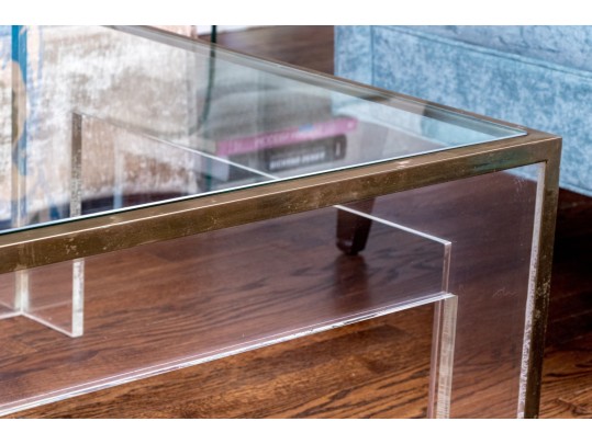 Luxurious Glass, Brass, And Lucite Cocktail Table