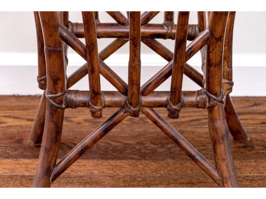 Glamorous Pair Of Carved Faux Bamboo And Rattan Tables With Glass Tops