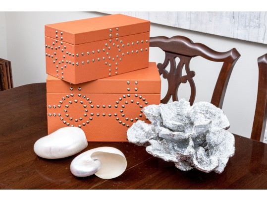 Chic Decor Lot Including Boxes, Shells, And Faux Coral