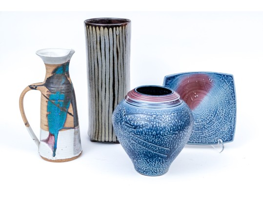 Studio Pottery Pitcher, Vases, And Underplate