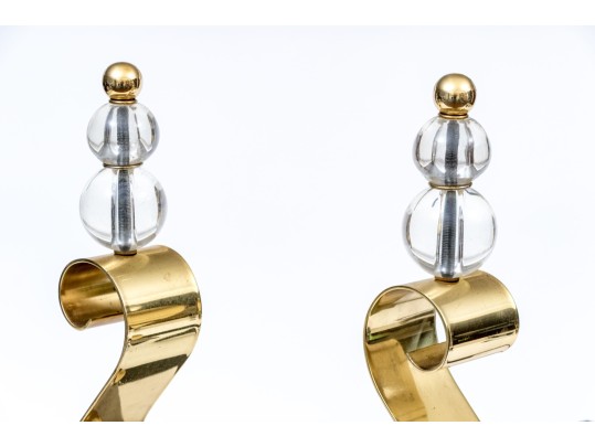 Pair Of Brass And Iron And Glass Scroll Form Andirons