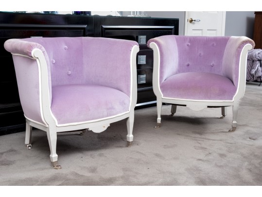 Fashionable Pair Of Custom Upholstered Barrel Back Armchairs