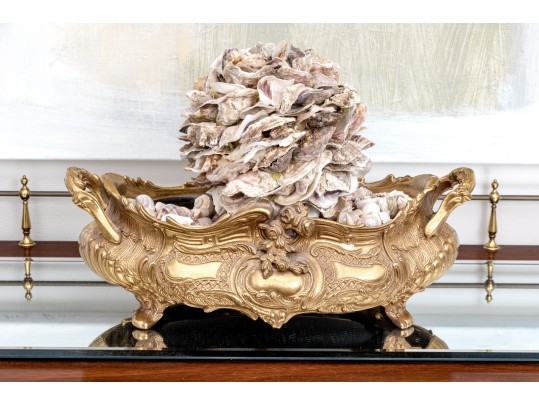 French Rococo Style Brass Jardiniere With Decorative Topiary