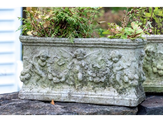 Pair Of Cast Stone Putti Motif Planters