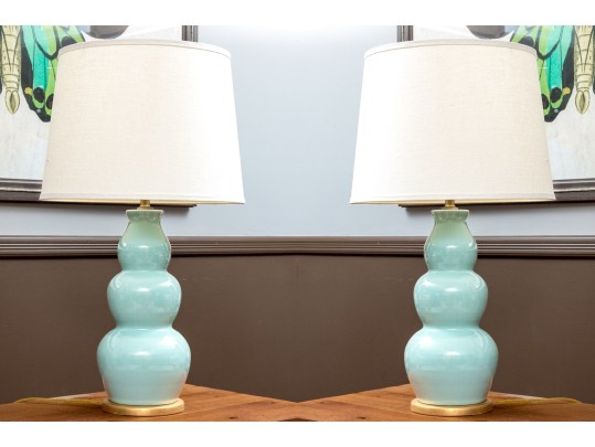 Pair Of Festoni Triple Gourd Celadon Ceramic Table Lamps