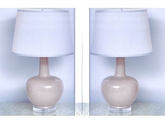 Pair Of Chinese Ceramic Vase Form Table Lamps On Lucite Bases