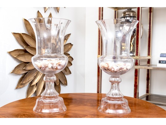 Awesome Large Pair Of Glass Footed Urns Filled With Seashells