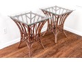 Glamorous Pair Of Carved Faux Bamboo And Rattan Tables With Glass Tops