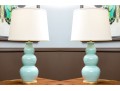 Pair Of Festoni Triple Gourd Celadon Ceramic Table Lamps