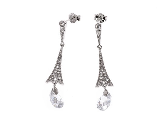 Sterling Silver Graceful Briolette Pendant Earrings Set With Round Brilliant Cut CZ Stones