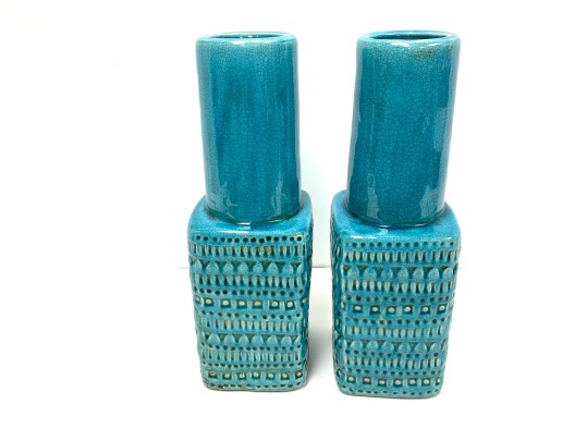 Pair Of Tozai Turquoise Crackle Glaze Vases