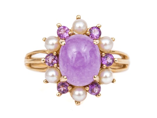 14k Yellow Gold Pretty Purple Aventurine Cabachon, Cultured Pearl And Amethyst Halo Ring, Size 7.75