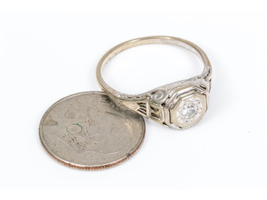 14k White Gold Vintage Filigree And Diamond Ring, App. 0.08 CTS, Size 7.25