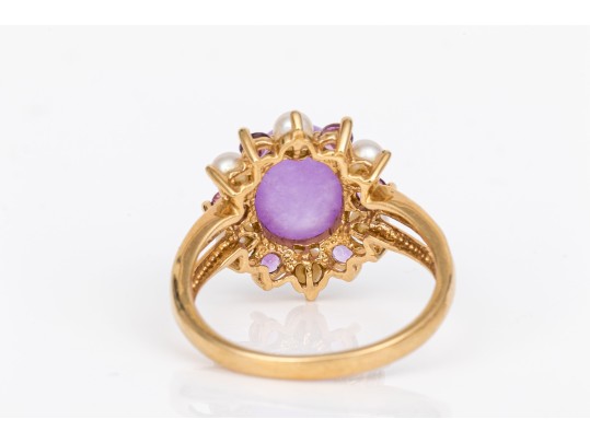14k Yellow Gold Pretty Purple Aventurine Cabachon, Cultured Pearl And Amethyst Halo Ring, Size 7.75