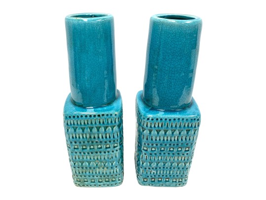 Pair Of Tozai Turquoise Crackle Glaze Vases
