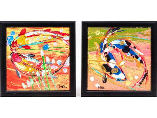 Dnie (Chinese/Am., 21st C.) Set Of Two Diminutive Acrylic On Canvas, Koi Fish