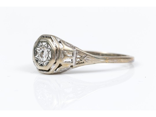 14k White Gold Vintage Filigree And Diamond Ring, App. 0.08 CTS, Size 7.25