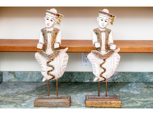 Pair Of Decorative Thai Carved And Inlaid Figures On Stands