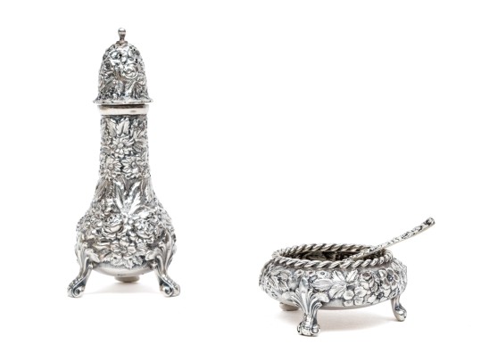 American High Relief Sterling Silver Salt With Spoon And Caster, 3.16 Ozt.