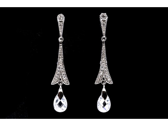 Sterling Silver Graceful Briolette Pendant Earrings Set With Round Brilliant Cut CZ Stones