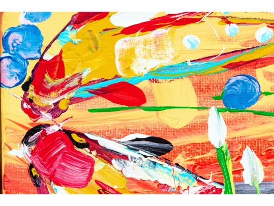 Dnie (Chinese/Am., 21st C.) Set Of Two Diminutive Acrylic On Canvas, Koi Fish