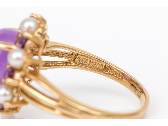 14k Yellow Gold Pretty Purple Aventurine Cabachon, Cultured Pearl And Amethyst Halo Ring, Size 7.75
