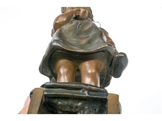 After Juan Clara Adorable Bronze Patinated Sculpture Of A Child Standing On A Stool