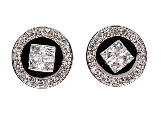 Sterling Silver Distinctive High Polished Round Flat Button Earring With Princess Cut And Round CZ's