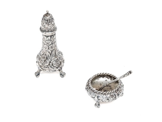 American High Relief Sterling Silver Salt With Spoon And Caster, 3.16 Ozt.