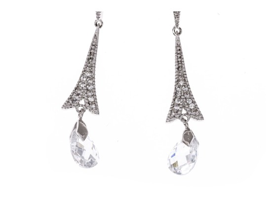 Sterling Silver Graceful Briolette Pendant Earrings Set With Round Brilliant Cut CZ Stones