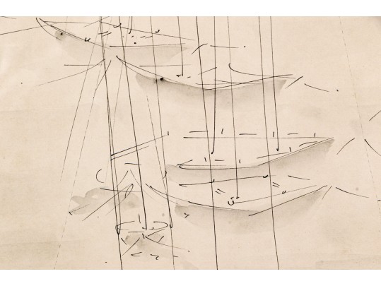 Jan Vakowskai (French, B. 1932) Ink On Paper, Abstracted Harbor Scene With Sailboats